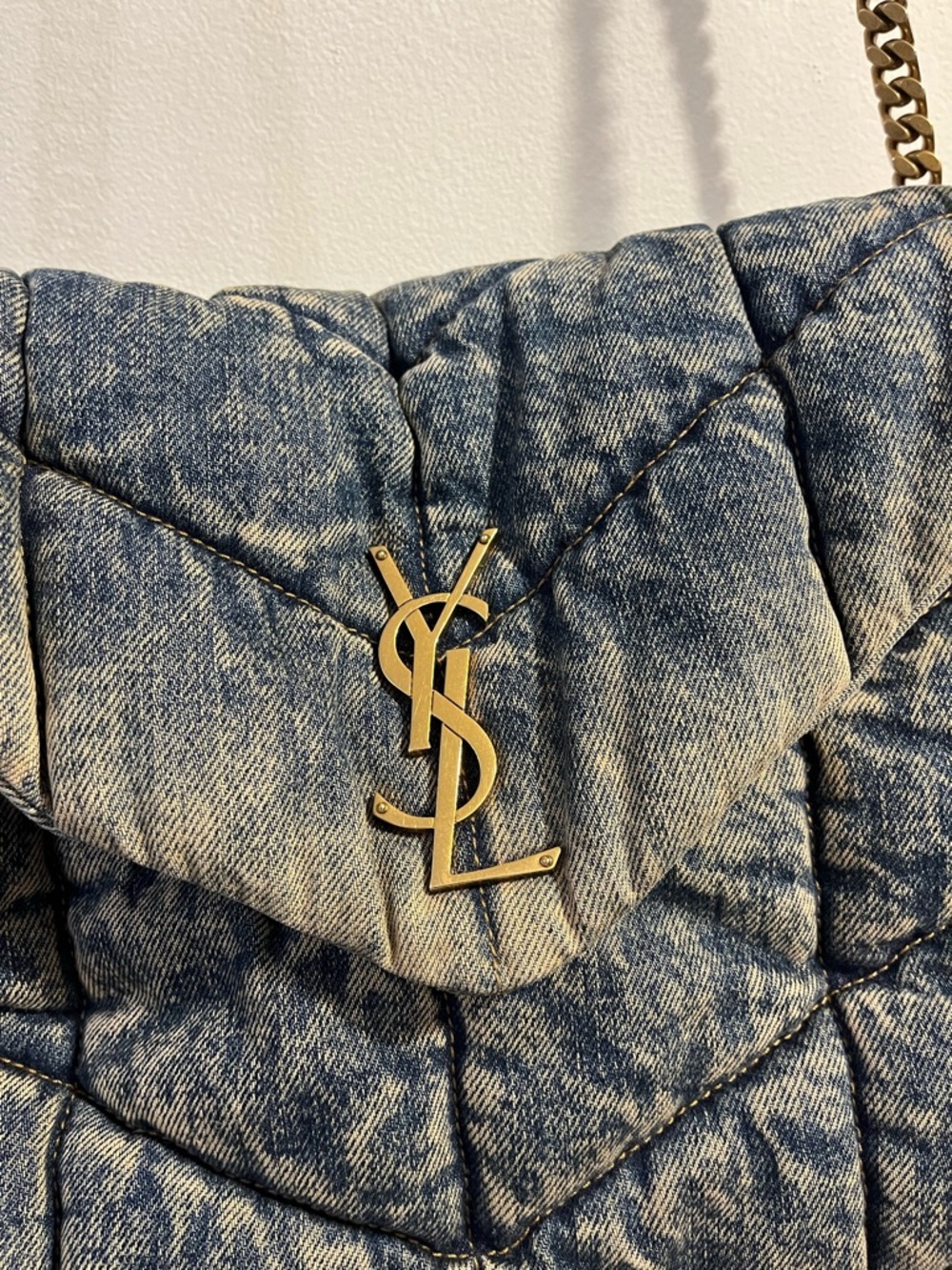 Saint Laurent Quilted Denim Shoulder Bag with Gold Chain - Picture 2 of 6